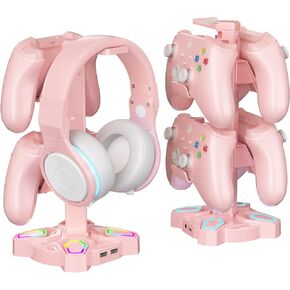 KDD Gaming RGB Headphones Stand, Rotatable Headset Stand with 9 Light Modes - Controller Holder with 2 USB Charging Ports and 3.5mm - Earphone Hanger Accessories for Desktop Gamer(Black)