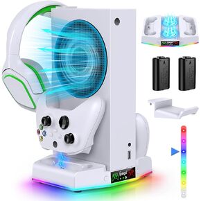 حامل تبريد وقاعدة شحن لجهاز Xbox Series S مع شريط اضاءة RGB، شاحن مزدوج لوحدات التحكم ومروحة تبريد لملحقات وحدة التحكم XSS مع 2 بطارية قابلة لاعادة الشحن 1400mAH، 1 × خطاف سماعة الرأس