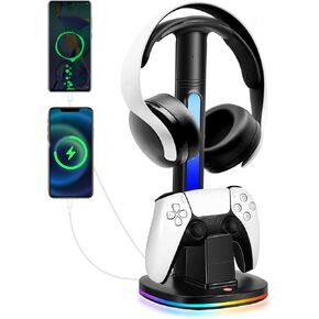PS5 Controller Charging Station with RGB Headphone Stand, JDGPOKOO PS5 Controller Charger Holder with 2 USB Charging Ports, Headset Stand for PlayStation 5 Controller Charging Dock, Black