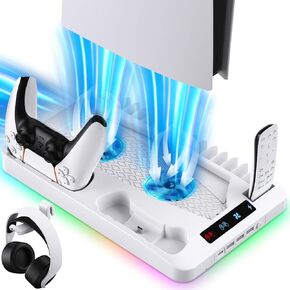 حامل تبريد لأقراص وحدة التحكم بلاي ستيشن 5/الإصدار الرقمي، محطة تبريد لجهاز PS5 مع شاحن وحدة التحكم، 4 محاور USB و16 لعبة وحامل جهاز تحكم عن بعد للوسائط وأضواء RGB، قاعدة ألعاب عمودية لملحقات PS5 in Kuwait