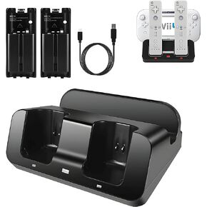 Wii U Charger Dock Station for Wii Remote & Wii U Gamepad with 2 Rechargeable Batteries Charging Cable Led Indicator -Black