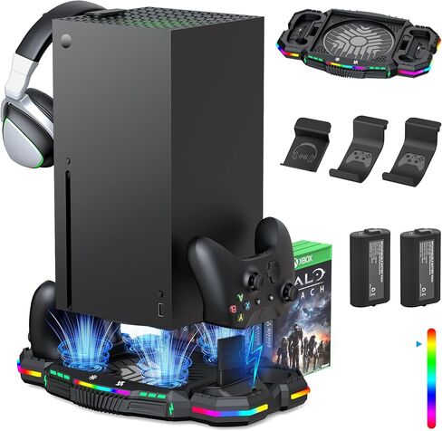 Wiilkac Vertical Cooling Fan Stand and Dual Controller Charging Station for Xbox Series X with RGB Color Lights/USB Ports, 3-Level Fan Cooling System with 2 x 1400 mAh Rechargeable Battery in Kuwait