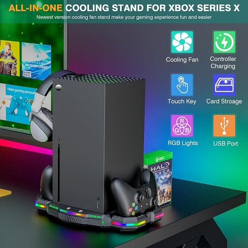 Wiilkac Vertical Cooling Fan Stand and Dual Controller Charging Station for Xbox Series X with RGB Color Lights/USB Ports, 3-Level Fan Cooling System with 2 x 1400 mAh Rechargeable Battery in Kuwait