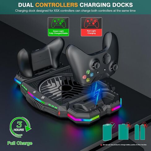 Wiilkac Vertical Cooling Fan Stand and Dual Controller Charging Station for Xbox Series X with RGB Color Lights/USB Ports, 3-Level Fan Cooling System with 2 x 1400 mAh Rechargeable Battery in Kuwait