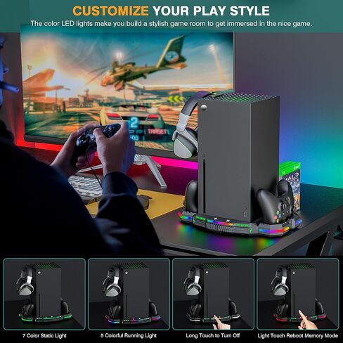 Wiilkac Vertical Cooling Fan Stand and Dual Controller Charging Station for Xbox Series X with RGB Color Lights/USB Ports, 3-Level Fan Cooling System with 2 x 1400 mAh Rechargeable Battery in Kuwait