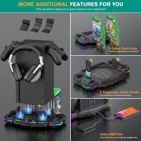 Wiilkac Vertical Cooling Fan Stand and Dual Controller Charging Station for Xbox Series X with RGB Color Lights/USB Ports, 3-Level Fan Cooling System with 2 x 1400 mAh Rechargeable Battery in Kuwait