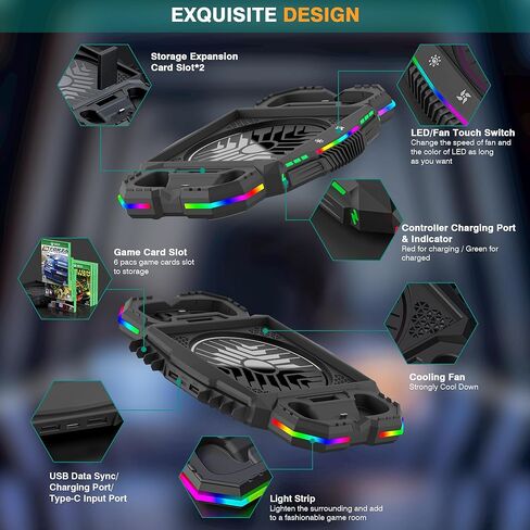 Wiilkac Vertical Cooling Fan Stand and Dual Controller Charging Station for Xbox Series X with RGB Color Lights/USB Ports, 3-Level Fan Cooling System with 2 x 1400 mAh Rechargeable Battery in Kuwait