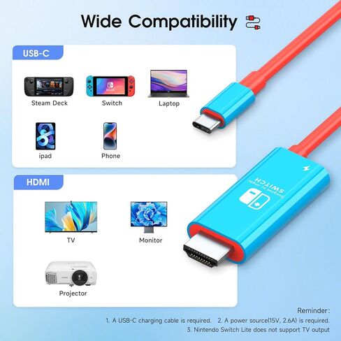 JINGDU USB C to HDMI Cable Compatible with Nintendo Switch 2017/OLED, USB-C HDMI Cable Replaces the Original Switch Dock for TV Screen Mirroring, 4K30Hz, Blue in Kuwait