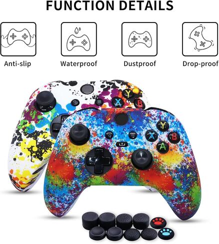 [2 Pack] Jusy Compatible with Xbox Series X/S Controller Soft Silicone Cover Skin, Sweat-Proof Dust-Proof Anti-Slip Case Cover Protective Accessories Set, with 10 Thumb Grips (Graffiti) in Kuwait