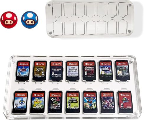 X-Richmen 14 in 1 Game Card Case for Nintendo Switch Acrylic Storage Box Transparent Display Cabinet of Switch Game Card Cartridge, Gift Box of Mario Mushroom Red and Blue Thumb Grip 2PCS in Saudi Arabia
