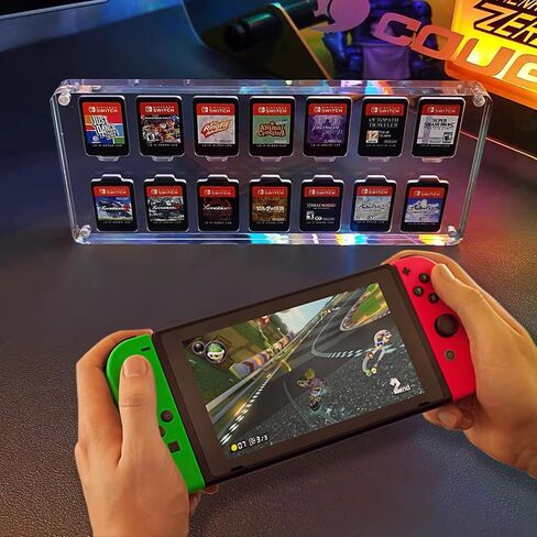 X-Richmen 14 in 1 Game Card Case for Nintendo Switch Acrylic Storage Box Transparent Display Cabinet of Switch Game Card Cartridge, Gift Box of Mario Mushroom Red and Blue Thumb Grip 2PCS in Saudi Arabia