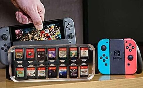 X-Richmen 14 in 1 Game Card Case for Nintendo Switch Acrylic Storage Box Transparent Display Cabinet of Switch Game Card Cartridge, Gift Box of Mario Mushroom Red and Blue Thumb Grip 2PCS in Saudi Arabia