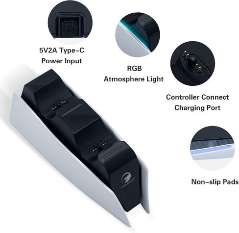 Mcbazel Dual Charger for PS5, Controller Charger Fast Charging Station Dock USB Type C Charging Adapter with LED Indicator for PlayStation 5 DualSense Controller - Black in Saudi Arabia