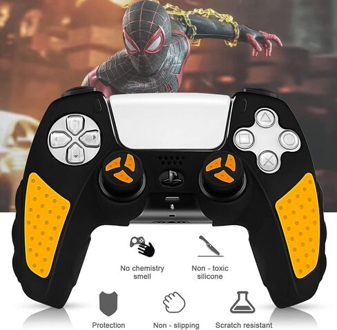 حافظة جلدية لغطاء وحدة التحكم PS5 من SIKEMAY، يمكن تطبيقها مباشرة على شاحن PS5، حماية من السيليكون المضاد للانزلاق والعرق لجهاز تحكم Playstation 5 Dualsense مع أغطية مقابض الإبهام × 10 (أسود-أصفر) in Kuwait