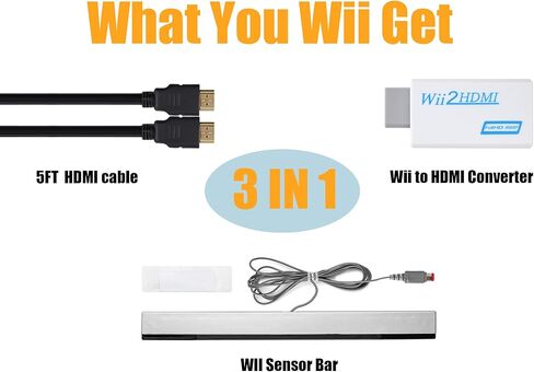 محول وي HDMI 3 في 1 من كودكاي من وي الى محول HDMI للتلفزيون الذكي + شريط مستشعر حركة سلكي + كيبل HDMI عالي السرعة بطول 5 قدم متوافق مع نينتندو وي in Kuwait