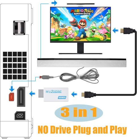 محول وي HDMI 3 في 1 من كودكاي من وي الى محول HDMI للتلفزيون الذكي + شريط مستشعر حركة سلكي + كيبل HDMI عالي السرعة بطول 5 قدم متوافق مع نينتندو وي in Kuwait