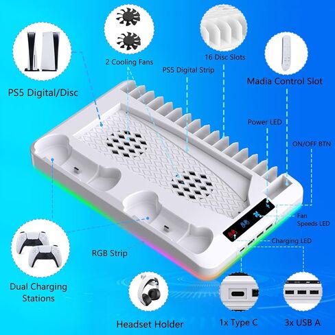 حامل تبريد لأقراص وحدة التحكم بلاي ستيشن 5/الإصدار الرقمي، محطة تبريد لجهاز PS5 مع شاحن وحدة التحكم، 4 محاور USB و16 لعبة وحامل جهاز تحكم عن بعد للوسائط وأضواء RGB، قاعدة ألعاب عمودية لملحقات PS5 in Kuwait