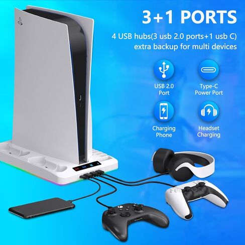 حامل تبريد لأقراص وحدة التحكم بلاي ستيشن 5/الإصدار الرقمي، محطة تبريد لجهاز PS5 مع شاحن وحدة التحكم، 4 محاور USB و16 لعبة وحامل جهاز تحكم عن بعد للوسائط وأضواء RGB، قاعدة ألعاب عمودية لملحقات PS5 in Kuwait