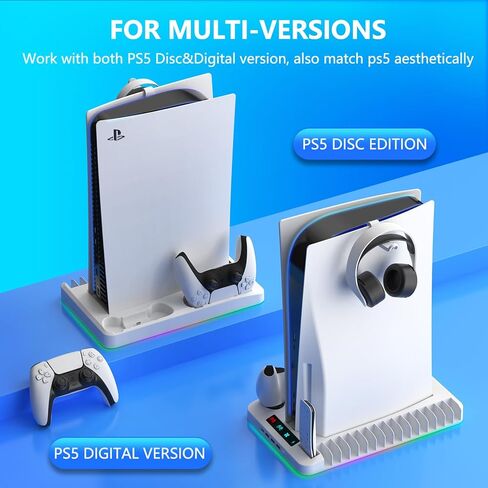 حامل تبريد لأقراص وحدة التحكم بلاي ستيشن 5/الإصدار الرقمي، محطة تبريد لجهاز PS5 مع شاحن وحدة التحكم، 4 محاور USB و16 لعبة وحامل جهاز تحكم عن بعد للوسائط وأضواء RGB، قاعدة ألعاب عمودية لملحقات PS5 in Kuwait