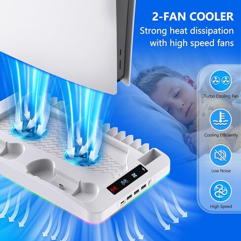 حامل تبريد لأقراص وحدة التحكم بلاي ستيشن 5/الإصدار الرقمي، محطة تبريد لجهاز PS5 مع شاحن وحدة التحكم، 4 محاور USB و16 لعبة وحامل جهاز تحكم عن بعد للوسائط وأضواء RGB، قاعدة ألعاب عمودية لملحقات PS5 in Kuwait