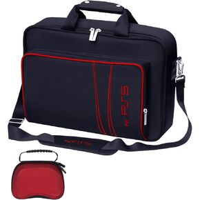 Gaming Console Carrying Case,Compatible with PS5 or PS5 Slim,Travel Carrying Bag for Game Controller and Accessories,Included Controller Protective Box (Black-Red) in Saudi Arabia