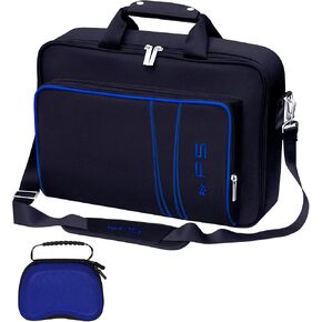 Gaming Console Carrying Case,Compatible with PS5 or PS5 Slim,Travel Carrying Bag for Game Controller and Accessories,Included Controller Protective Box(Black-Blue) in Kuwait