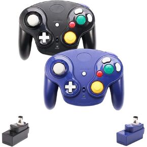 Wireless Gamecube Controller, 2 Pieces 2.4G Wireless Classic Gamepad with Receiver Adapter for Wii Gamecube NGC GC (Black and Dark Blue)
