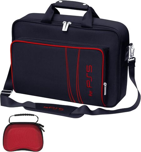 Gaming Console Carrying Case,Compatible with PS5 or PS5 Slim,Travel Carrying Bag for Game Controller and Accessories,Included Controller Protective Box (Black-Red) in Saudi Arabia