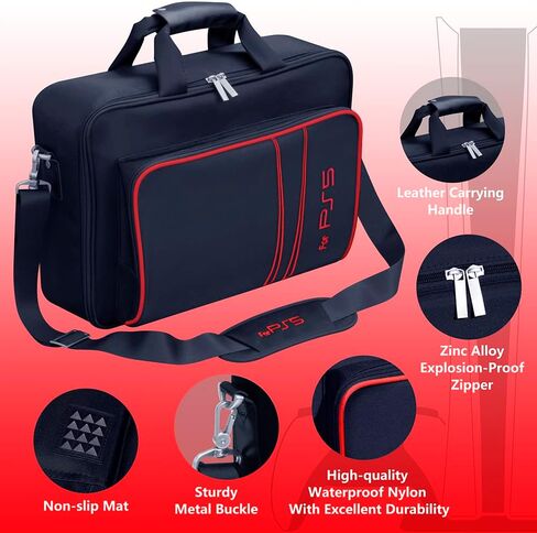 Gaming Console Carrying Case,Compatible with PS5 or PS5 Slim,Travel Carrying Bag for Game Controller and Accessories,Included Controller Protective Box (Black-Red) in Saudi Arabia