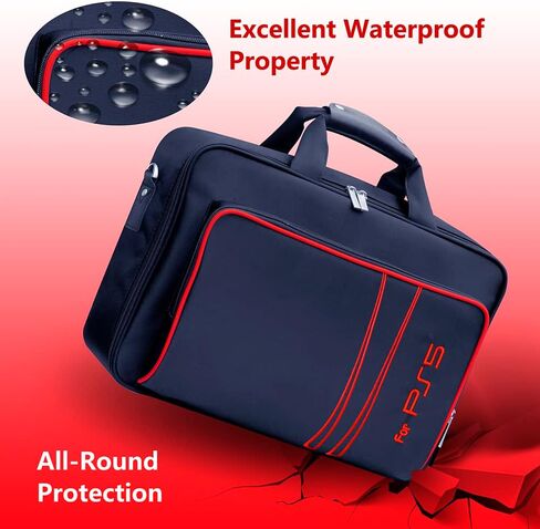 Gaming Console Carrying Case,Compatible with PS5 or PS5 Slim,Travel Carrying Bag for Game Controller and Accessories,Included Controller Protective Box (Black-Red) in Saudi Arabia