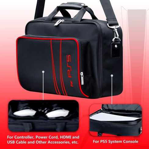 Gaming Console Carrying Case,Compatible with PS5 or PS5 Slim,Travel Carrying Bag for Game Controller and Accessories,Included Controller Protective Box (Black-Red) in Saudi Arabia