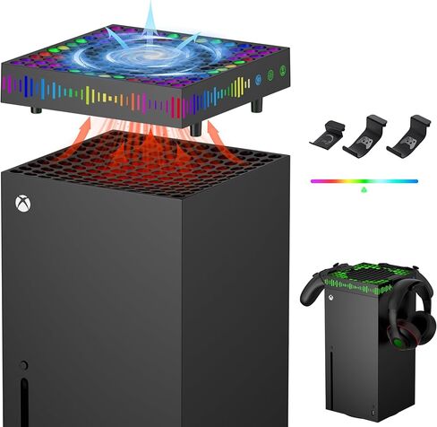 Cooling Fan for Xbox Series X with Dust Filter & 13 RGB LED Light, ZAONOOL High Speed Fan Cooling System with 3 Detachable Controller & Headset Hooks, Top Dust Proof Cooler Fan for Console Accessories in Kuwait