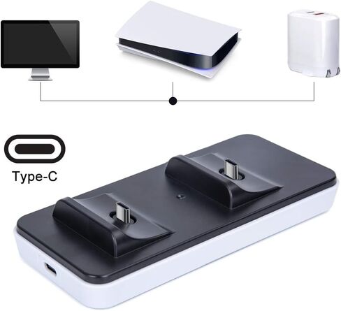 قاعدة شحن وحدة تحكم بلاي ستيشن 5 لذراع التحكم اللاسلكي دوال سينس لجهاز بلاي ستيشن 5، قاعدة شحن دوال سينس مع كيبل واحد من النوع سي ومنافذ نوع سي مزدوجة قابلة للفصل 600 مللي امبير in Kuwait