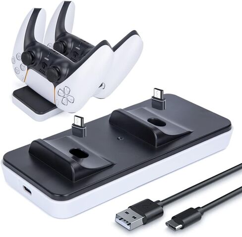 قاعدة شحن وحدة تحكم بلاي ستيشن 5 لذراع التحكم اللاسلكي دوال سينس لجهاز بلاي ستيشن 5، قاعدة شحن دوال سينس مع كيبل واحد من النوع سي ومنافذ نوع سي مزدوجة قابلة للفصل 600 مللي امبير in Kuwait