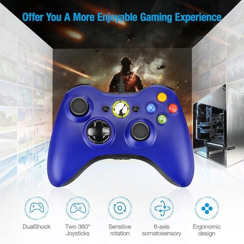وحدة تحكم Powerextra بديلة لوحدة التحكم السلكية Xbox 360 مع عصا تحكم مطورة لجهاز Microsoft Xbox 360 Xbox 360 Slim والكمبيوتر الشخصي Windows 7 8 10 وحدة تحكم سلكية مزدوجة الاهتزاز - أزرق in Kuwait