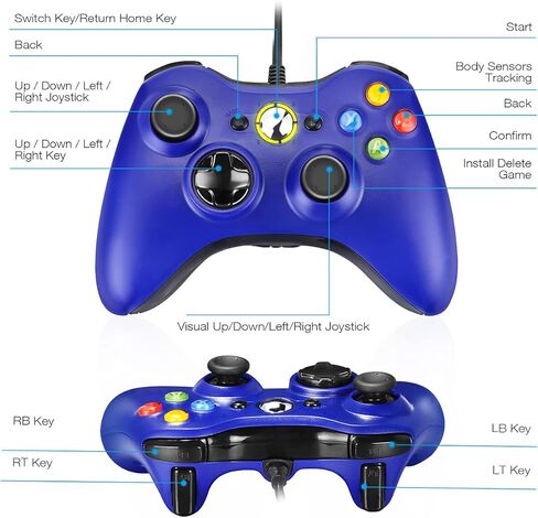 وحدة تحكم Powerextra بديلة لوحدة التحكم السلكية Xbox 360 مع عصا تحكم مطورة لجهاز Microsoft Xbox 360 Xbox 360 Slim والكمبيوتر الشخصي Windows 7 8 10 وحدة تحكم سلكية مزدوجة الاهتزاز - أزرق in Kuwait