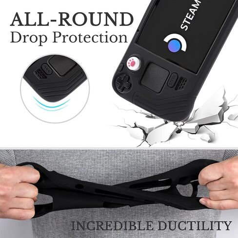 Protective Case Compatible with Steam Deck, All-Round Steam Deck Standing Silicone Cover with Tempered Film and Non-Slip Thumb Grips, Anti Scratch Steam Deck Protector-Black in Kuwait