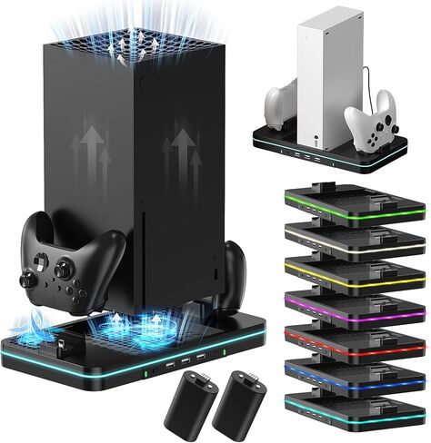 حامل تبريد وشحن عمودي متوافق مع وحدة التحكم ووحدة التحكم Xbox Series X/S، و7 مصابيح ملونة، وملحقات قاعدة شحن وحدة تحكم مزدوجة عمودية مع عبوتين من البطاريات القابلة لإعادة الشحن in Kuwait