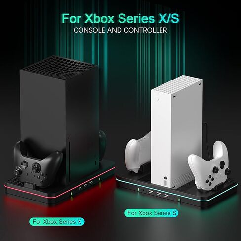 حامل تبريد وشحن عمودي متوافق مع وحدة التحكم ووحدة التحكم Xbox Series X/S، و7 مصابيح ملونة، وملحقات قاعدة شحن وحدة تحكم مزدوجة عمودية مع عبوتين من البطاريات القابلة لإعادة الشحن in Kuwait