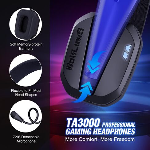 سماعة الألعاب اللاسلكية WolfLawS TA3000 Lightspeed للكمبيوتر الشخصي، PS5، PS4، نينتندو سويتش، سماعات رأس بلوتوث USB فوق الأذن مع ميكروفونات مدمجة وقابلة للفصل، عزل الضوضاء، زمن وصول منخفض in Kuwait
