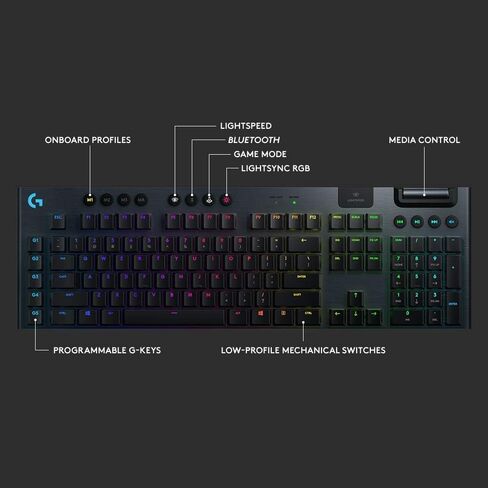 لوحة مفاتيح الألعاب الميكانيكية Logitech G915 LIGHTSPEED Wireless RGB ميكانيكية Clicky، لاسلكية بدرجة احترافية، مفاتيح ميكانيكية منخفضة المستوى، تصميم رفيع للغاية 22 مم، أسود (متجدد) in Kuwait