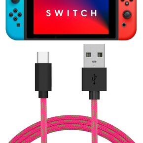 TALK WORKS USB C Charger Cable for Nintendo Switch / Lite + Switch OLED & Pro Controller - 6ft Nylon Braided USB Type C Charging Cable - Pink & Green Mix