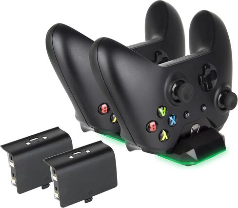 شاحن وحدة تحكم Megadream Xbox One، محطة إرساء مزدوجة 300 مللي أمبير في الساعة حزمة بطارية قابلة لإعادة الشحن وكابل شحن ومؤشر LED للشحن / الشحن لأجهزة Xbox One وXbox One Slim وXbox One X - أسود in Kuwait