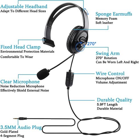 Joso Wired One Ear Headset for PS4, 3.5mm Single Ear Headphone Headset for PS5, Nintendo Switch, PC, iPad, Mac, Tablet and Phone with 3.5mm Jack, Office Business, Coach Headset, Gaming, Remote Work in Kuwait