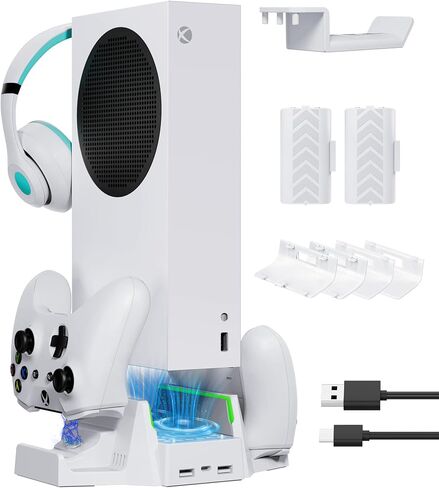 مروحة تبريد مع حامل شحن لوحدة التحكم لجهاز Xbox Series S، قاعدة شحن مزدوجة سريعة مع 2 بطارية قابلة لاعادة الشحن، نظام تبريد مروحة مع حامل سماعة راس لملحقات Xbox Series S in Kuwait