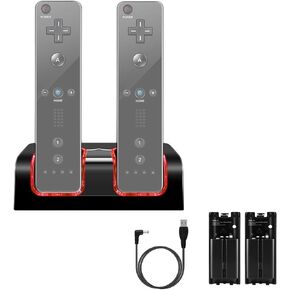 محطة شحن مزدوجة لجهاز التحكم عن بعد Wii/Wii U، قاعدة شحن مع عبوتين بطارية قابلة للشحن 2800 مللي أمبير في الساعة (أسود) in Kuwait