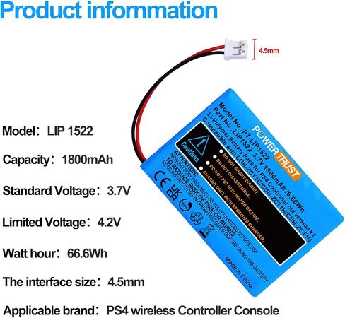 بطارية PowerTrust 1800 مللي أمبير LIP1522 متوافقة مع وحدة التحكم اللاسلكية Sony PS4 Dual Shock 4 CUH-ZCT1E CUH-ZCT1U 2015 (قابس كبير) in Saudi Arabia