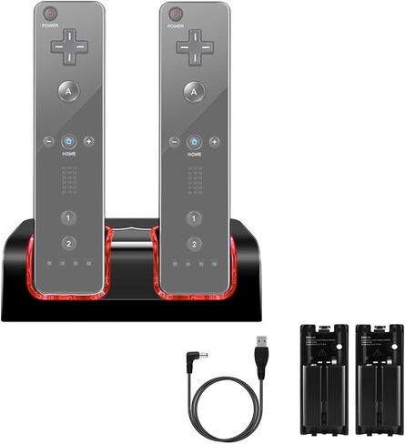 محطة شحن مزدوجة لجهاز التحكم عن بعد Wii/Wii U، قاعدة شحن مع عبوتين بطارية قابلة للشحن 2800 مللي أمبير في الساعة (أسود) in Kuwait