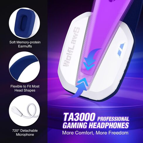 سماعة الألعاب اللاسلكية WolfLawS TA3000 لايت سبيد لأجهزة الكمبيوتر الشخصية، PS5، PS4، نينتندو سويتش، سماعات رأس بلوتوث USB فوق الأذن مع ميكروفونات مدمجة وقابلة للفصل، عزل الضوضاء، زمن وصول منخفض - أبيض in Kuwait
