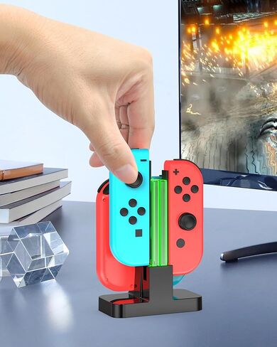 قاعدة شحن HOZKAII لمفتاح OLED Joy con، شاحن وحدة تحكم 4 في 1 مع مؤشر LED لامبوست، محطة حامل شاحن Joy con مع كابل شحن USB من النوع C in Kuwait